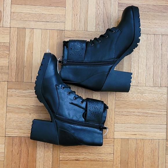 NWT Black Lace Up Boots with Zipper and Decorative Strap - 3 Inch Heels - Picture 4 of 13